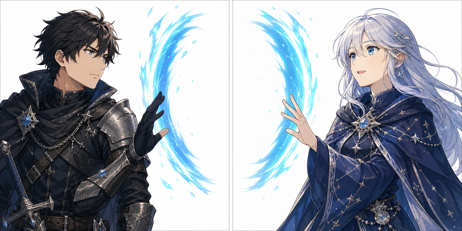 Template do criador de matching PFP: par anime de portais de fantasia espelhados