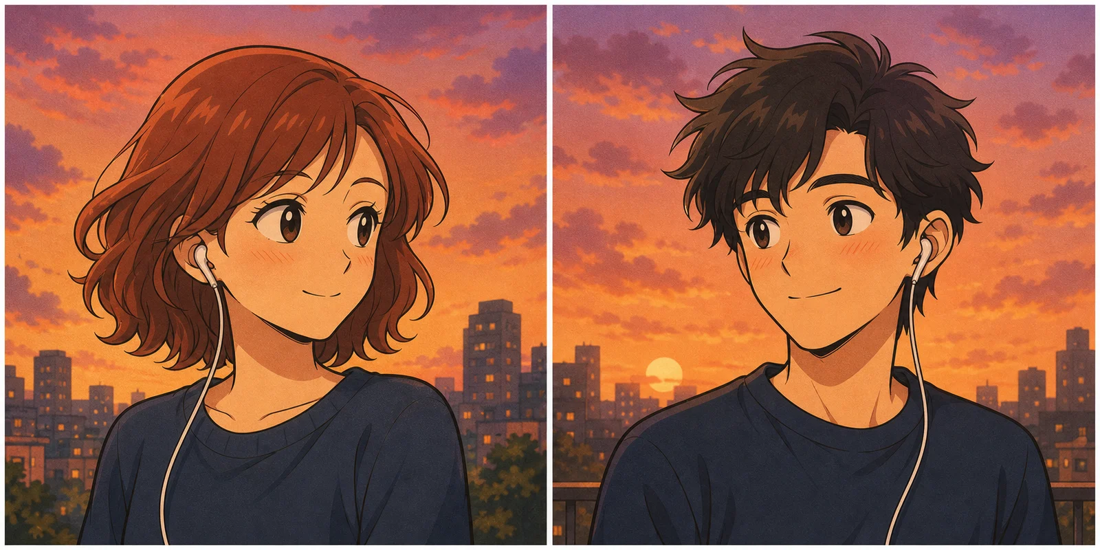 Template do criador de matching PFP: dois avatares musicais anime ao pôr do sol
