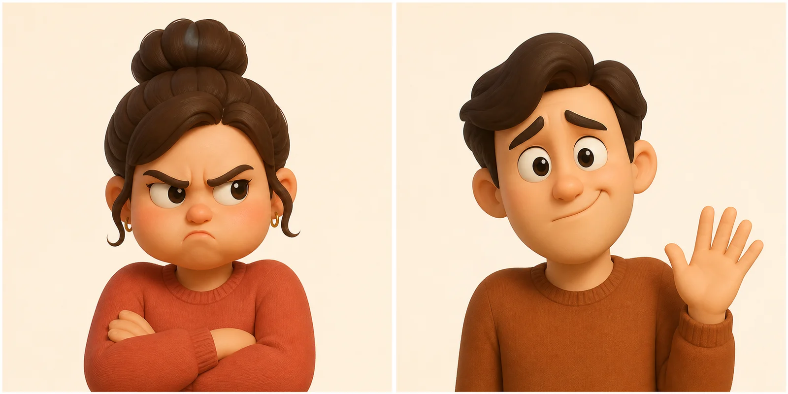Template do criador de matching PFP: avatares 3D engraçados de irritação e inocência