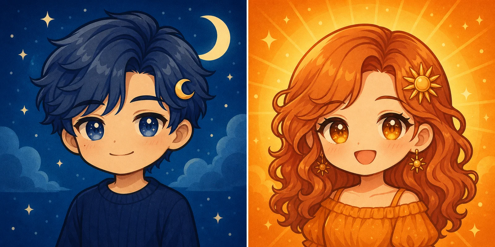 Template do criador de matching PFP: par chibi de sol e lua