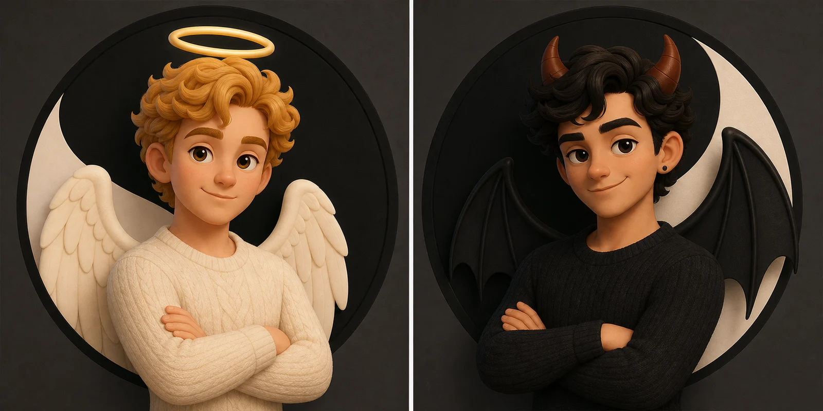 Template do criador de matching PFP: avatares 3D de anjo e demônio yin e yang